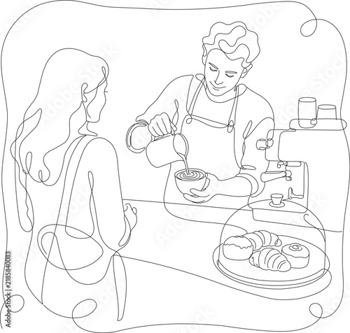 Continuous line drawing of a barista making latte art for a customer in a coffee shop with espresso machine and pastries