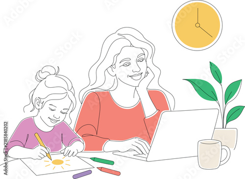 Mother working on laptop while child draws at home, illustrating remote work, parenting, family life and work life balance