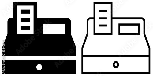 Black and white cash register icon isolated on a white background, featuring a classic point of sale machine with display, keypad, drawer, and circular button, suitable for retail and business concept