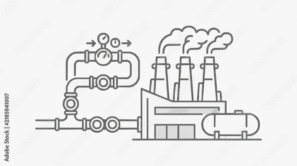 Fototapeta premium Steam Power Plant Schematic with Piping and Chimneys Industrial Diagram