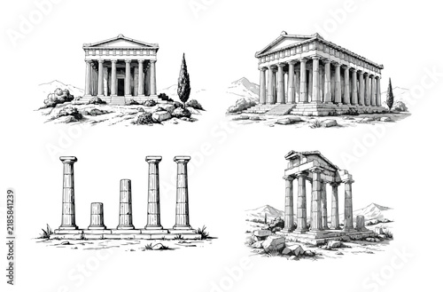 Collection of hand-drawn ancient greek temples and architectural ruins