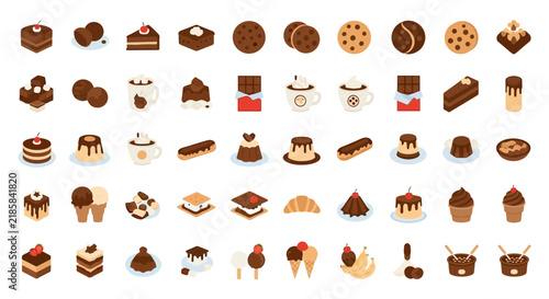 Assorted Chocolate Desserts and Sweets Collection, Isolated Icons
