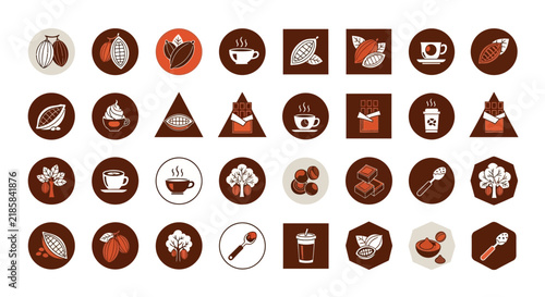 Chocolate Icons Set: Cocoa Beans, Hot Drinks, Bars, Trees & More