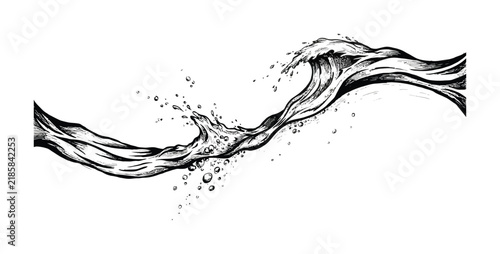 Hand drawn black and white of a splashing ocean wave