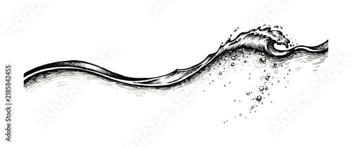 Hand drawn of a crashing ocean wave with bubbles