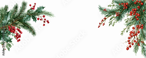 Watercolor christmas frame featuring pine branches, holly leaves, and red berries, creating a decorative border for festive holiday designs and winter greetings