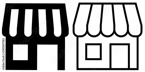 Black and white storefront shop icons isolated on a white background, featuring two retail stores with striped awnings, display windows, and simple architectural details for shopping and business