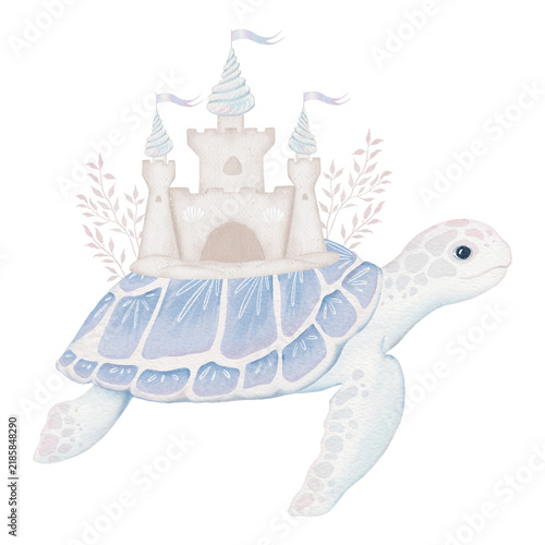 Children's watercolor illustration of a turtle and a sand castle