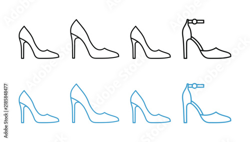 Set of minimalist heel shoe in black and blue outlines