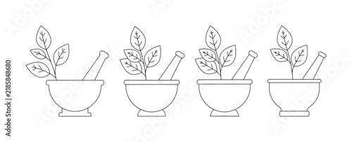Set of mortar and pestle with herbal leaves for natural medicine