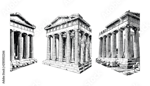 Set of three detailed of ancient greek temples
