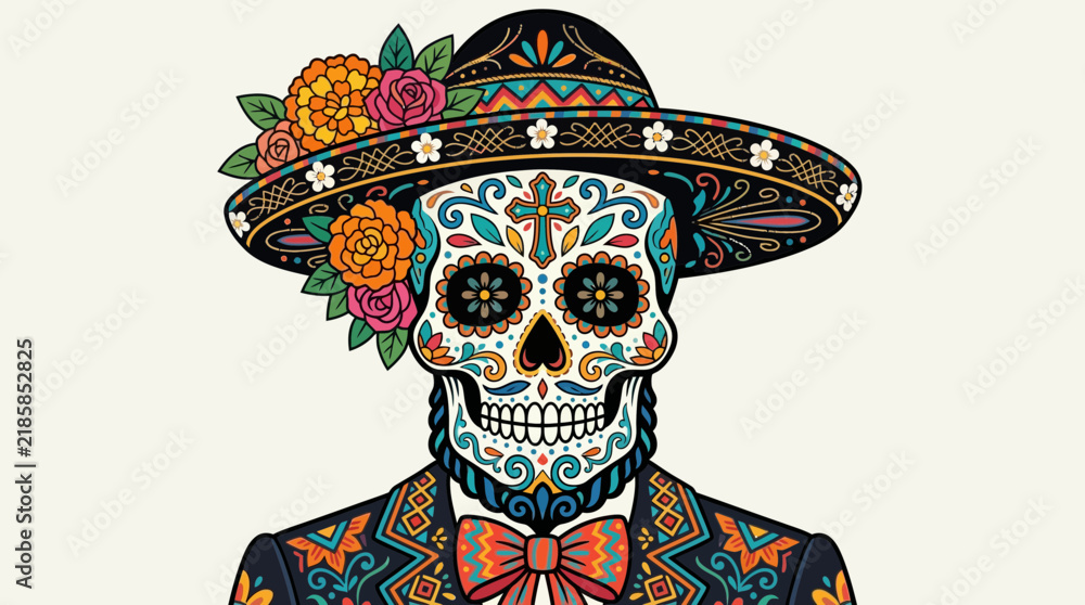 Naklejka premium Colorful Sugar Skull Character with Hat and Suit Illustration