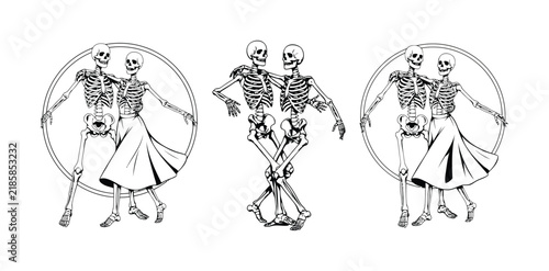 Vintage style of dancing skeletons in black and white