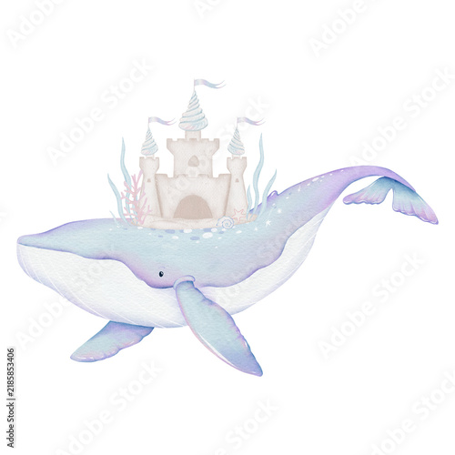 Watercolor children's illustration of a whale with a sand castle