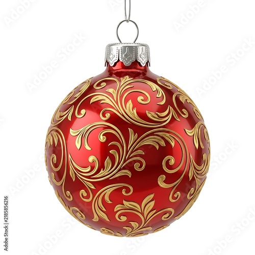 Christmas bauble hangs against a plain white studio backdrop.