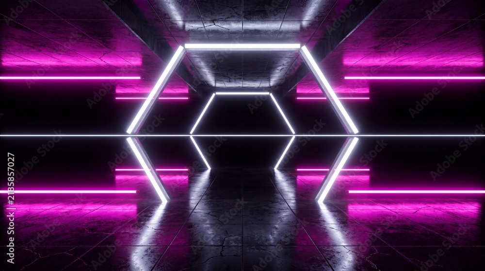 Fototapeta premium Symmetrical scifi portal featuring glowing white hexagon and pink neon light lines.