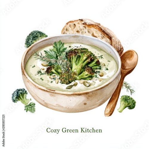 Cozy nook in a green kitchen with a lively bowl of vibrant soup