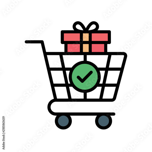 Shopping cart icon with gift box and green check mark for ecommerce