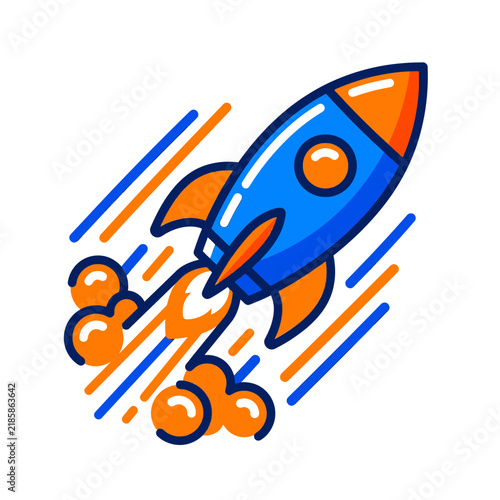 Modern cartoon rocket ship illustration launching into space with bright blue and orange colors