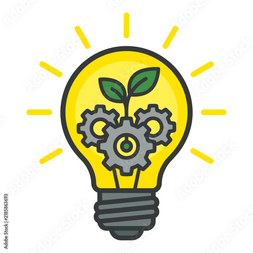 Creative light bulb icon with mechanical gears and green plant leaves for sustainable innovation concept
