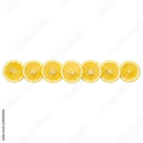 Horizontal Line of Fresh Juicy Lemon Slices Isolated on Black Background