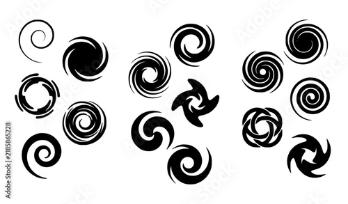 Black abstract spiral motifs and swirling vortex shapes minimalist vector set