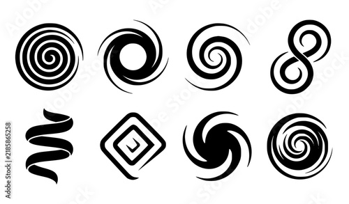 Black abstract spiral and swirling shapes vector collection on white background