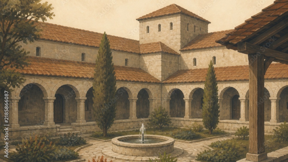 Obraz premium Medieval Cloister in Parchment-Toned Gouache Style
