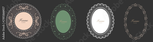 Lace frame template set. Horizontal vector collection of four round and oval vintage doily borders with ornate crochet patterns and pastel colors for wedding invitation or elegant stationery.