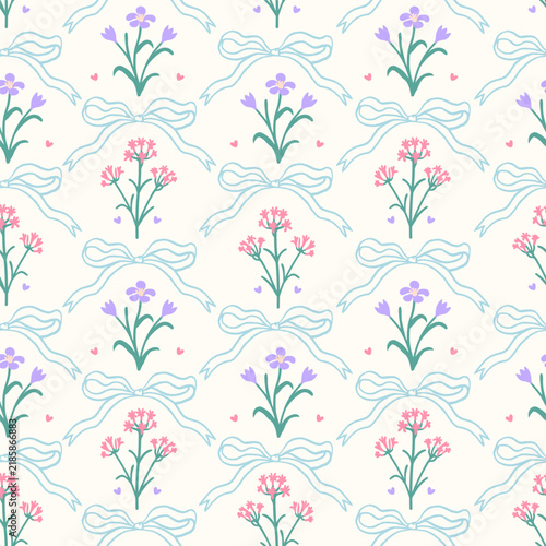 Seamless floral pattern with coquette ribbon bows and flowers. Seamless vinta...