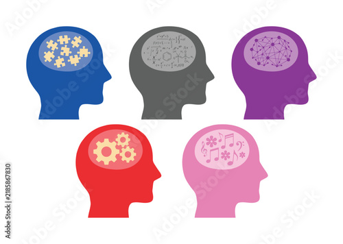 Five colorful human heads representing different types of thinking and intelligence