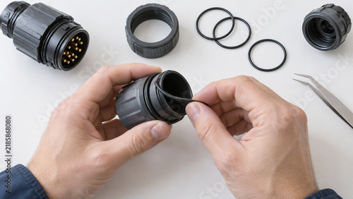 Man hands assembling industrial electrical connector with rubber sealing ring on white table. Installation of waterproof cable connector components.