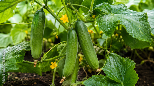 Green cucumbers growing on a vine with yellow flowers in outdoor garden soil