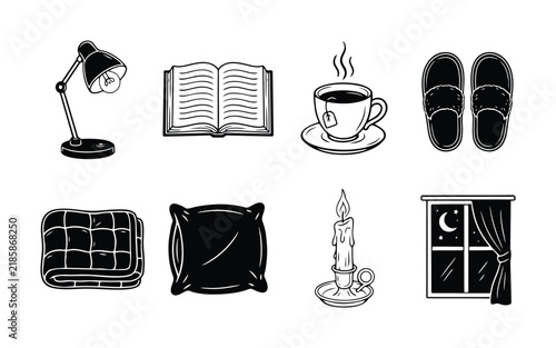 Hand drawn cozy evening and bedtime routine set