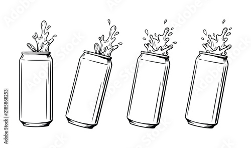 Hand drawn of aluminum soda cans with liquid splashes