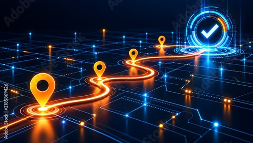 Glowing digital route connecting map pins ending at a final blue verification checkmark representing successful logistics tracking and network navigation