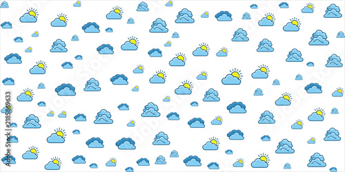 Vector seamless pattern with cute blue cartoon clouds and yellow suns on a white background, partly cloudy weather illustration.