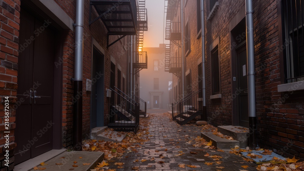 Fototapeta premium Halloween street alley with foggy brick buildings and autumn leaves
