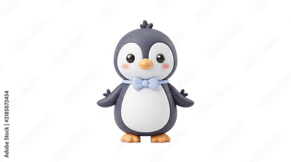 Fototapeta premium Adorable 3D penguin character with blue bowtie. Cute baby penguin toy figurine on white background. Sweet nursery animal illustration.