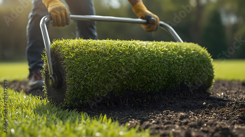 Rolling Out Green Carpet: A person in gloves uses a lawn roller to flatten freshly laid sod, creating a perfect green carpet in a sun-drenched garden.