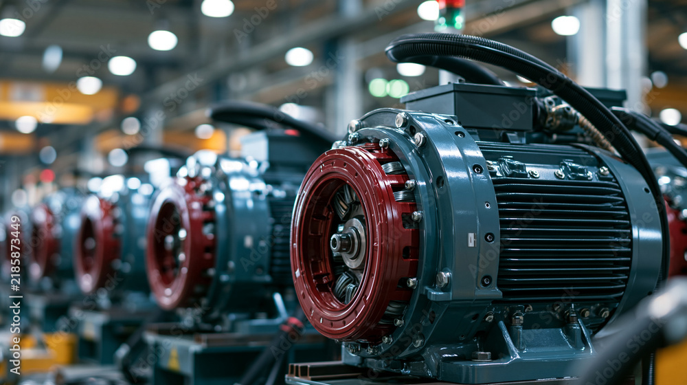 Fototapeta premium Industrial electric motors lined up in a bright factory warehouse with sharp focus. Ideal for heavy machinery and manufacturing concepts.