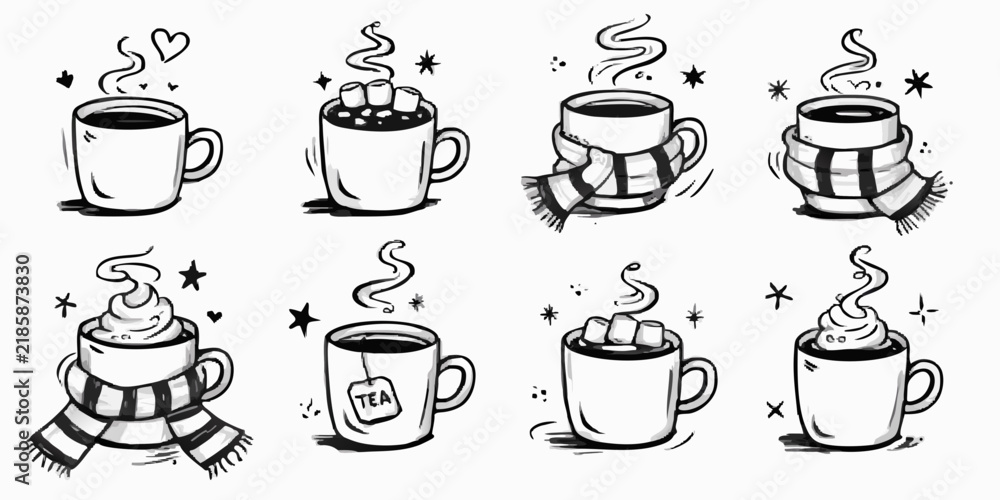 Fototapeta premium Hand drawn mugs with steaming beverages and winter accessories black ink