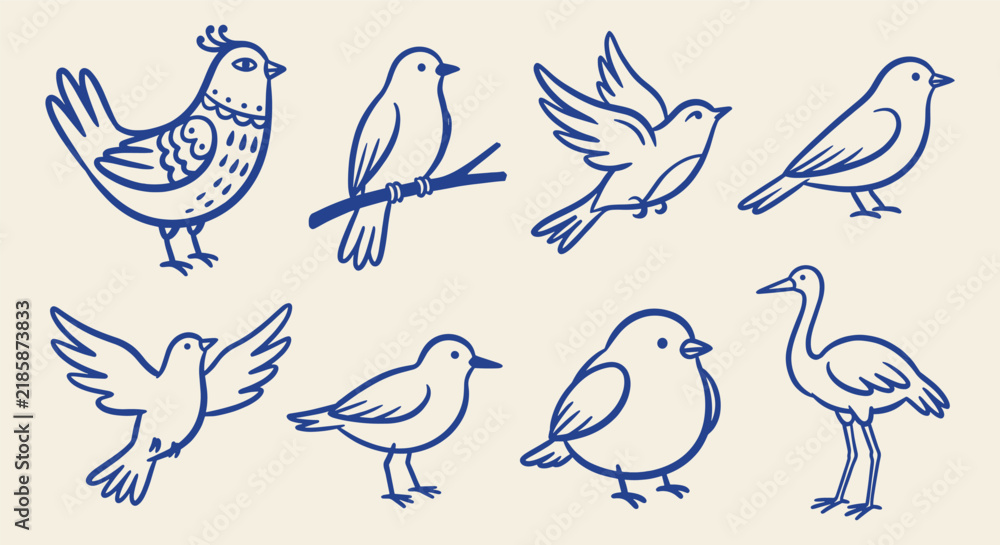 Fototapeta premium Set of hand drawn outline different bird icons in various poses on a cream background
