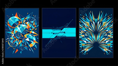 Abstract geometric art set with spheres and crystal patterns in blue and gold colors on dark background
