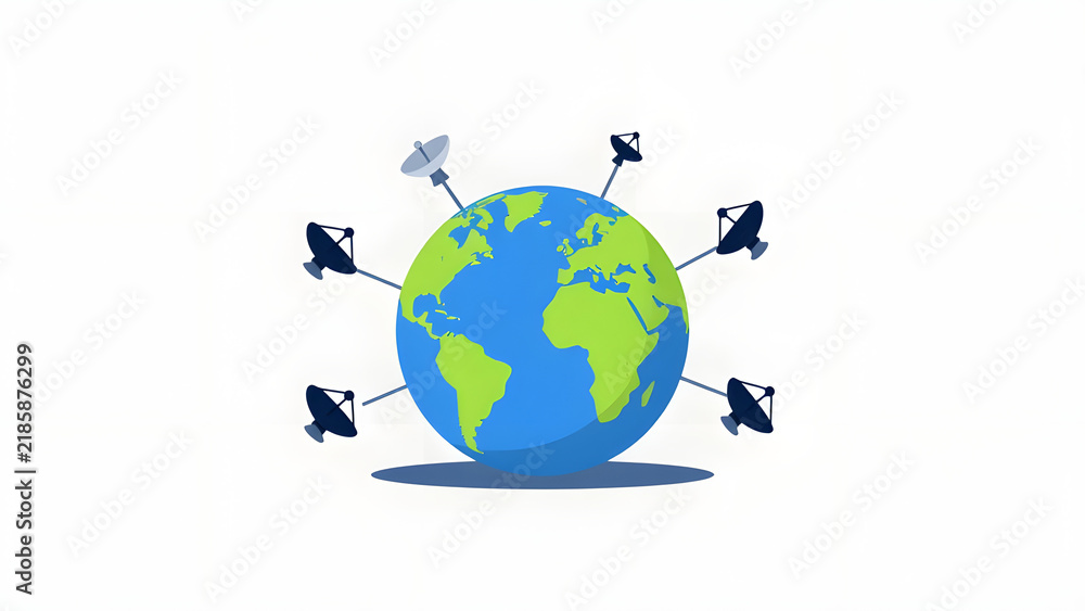 Naklejka premium Global satellite communication network with dish antennas around planet earth flat vector illustration isolated on white background