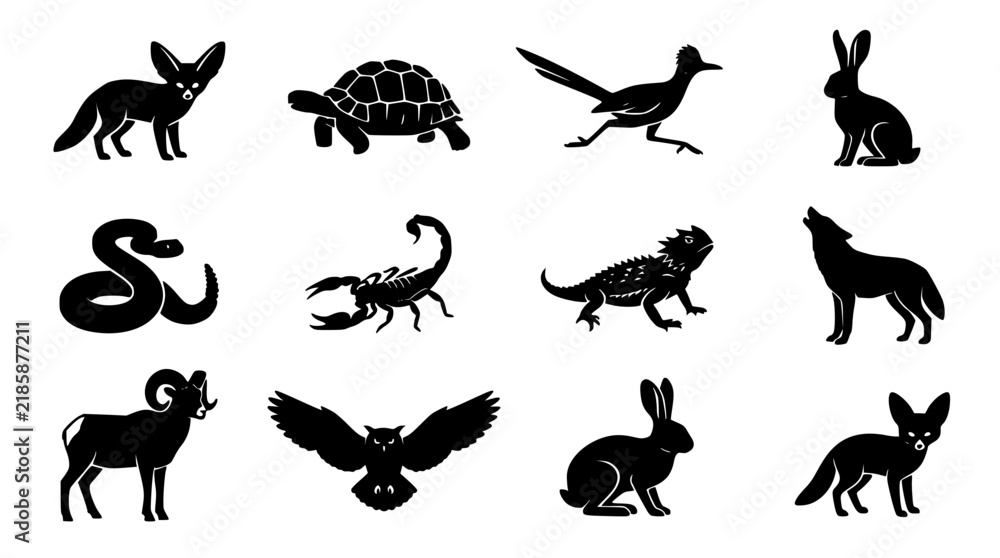 Obraz premium Desert Wildlife Icons Set, Featuring Coyote, Snake, Scorpion, Lizard, Rabbit, and Ram Silhouettes