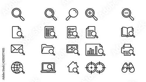 Set of linear search icons representing magnifying glass tools for digital interfaces and data exploration