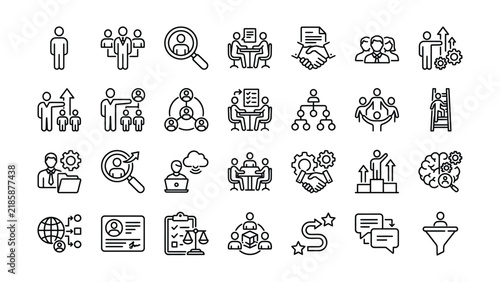 Set of thin line business management and human resources vector icons representing corporate workflow