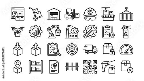 Set of thin line icons representing logistics supply chain and industrial warehouse management operations