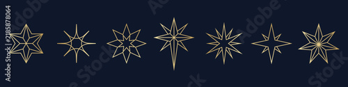 Golden Christmas stars line art vector elements set on dark blue background. Geometric celestial star shapes, Bethlehem nativity sparkles, winter holiday minimalist icons, abstract cosmic symbols 